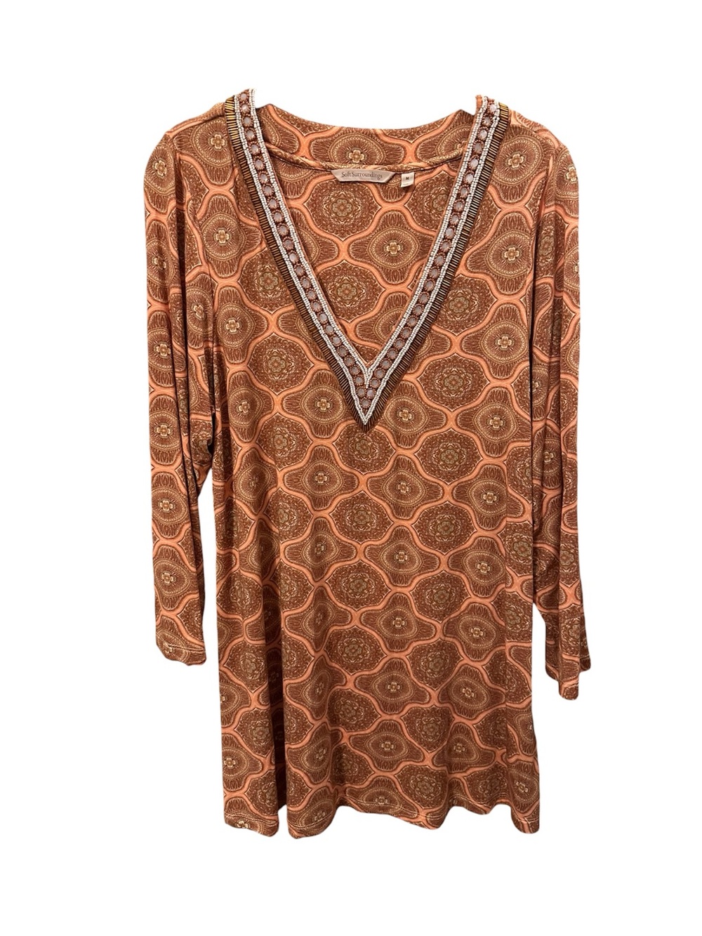 Soft Surroundings Orange Brown Patterned Long Sleeve V-Neck Blouse